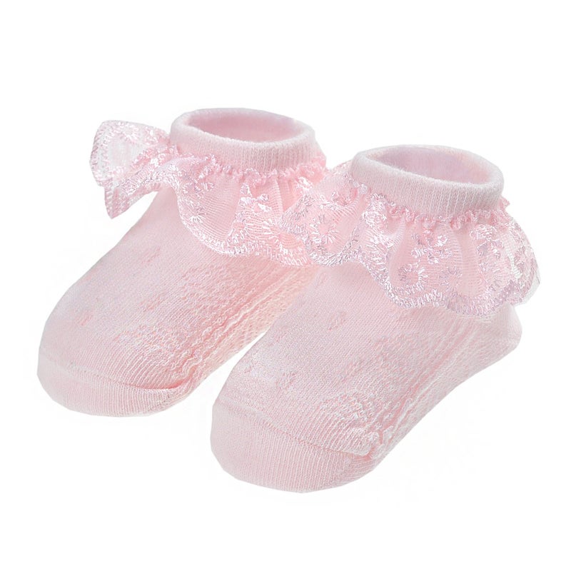 EPEIUS Baby-Girls Eyelet Frilly Lace Socks Infant Girl Princess Ankle Socks White Pink (Pack of 2) 6-12 Months - Image 5